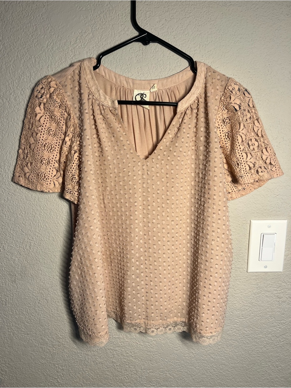 One September Blush Pink Lace Sleeve Swiss Dot Blouse Size X-Small